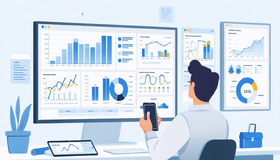 Person analyzing financial metrics on digital screens, depicting financial tools for vaping businesses