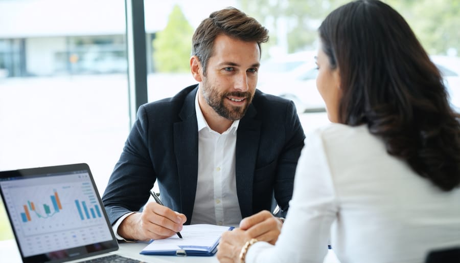 Small business owner discussing financial strategies with an advisor, highlighting the benefits of a national network