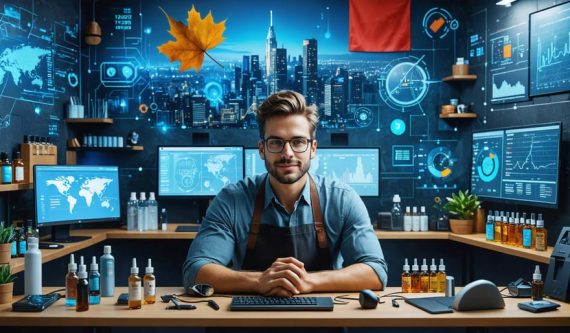 A vape shop owner using digital financial tools to manage business finances, with Canadian symbols in the background.