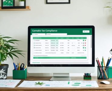 Professional workspace with cannabis accounting software on a computer, Canadian excise stamps, and organized tax documents, symbolizing cannabis tax compliance.