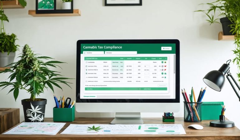 Professional workspace with cannabis accounting software on a computer, Canadian excise stamps, and organized tax documents, symbolizing cannabis tax compliance.