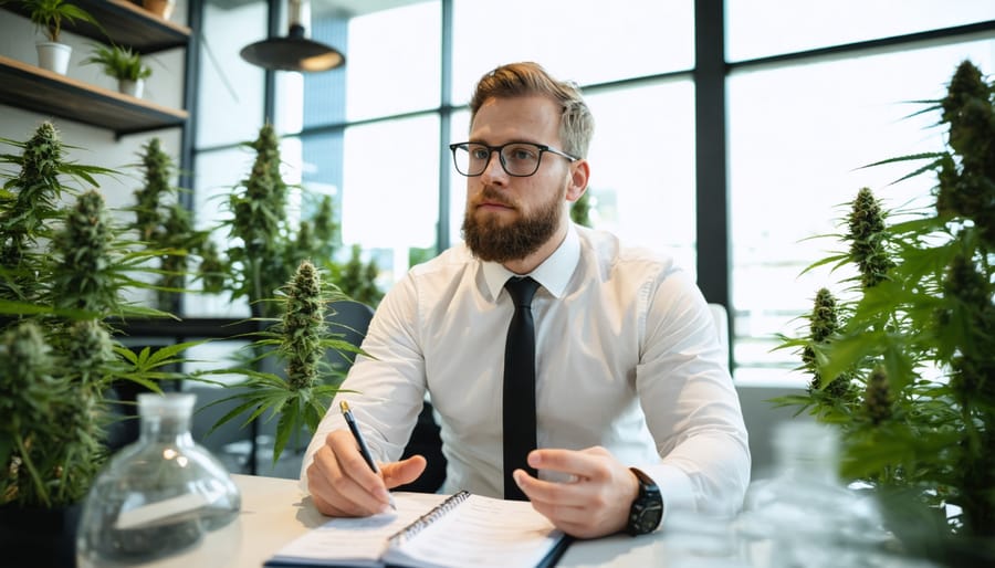 Tax professional reviewing documents with cannabis entrepreneur in office setting